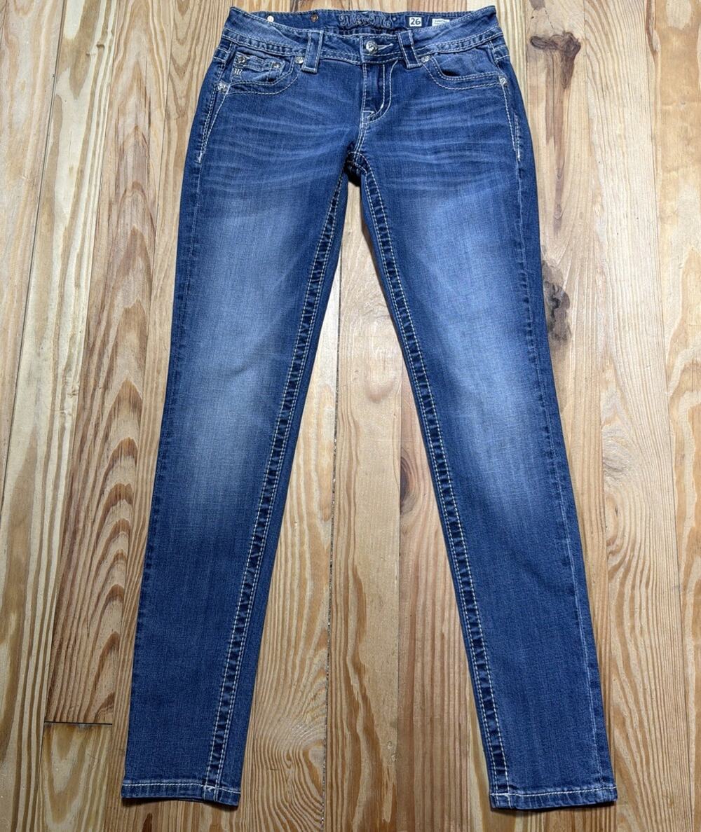 Miss Me Y2K Women's 26 Jeans Skinny JY8282S Leather Cross Embellished Low Rise